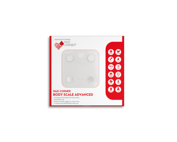 H&D CORNER ΖΥΓΑΡΙΑ BODY SCALE ADVANCED Έξυπνος Ζυγός Bluetooth με επιφάνεια Επεξεργασμένου Σκληρού Γυαλιού   Περιγραφή Ιδιοτήτων: Η Ζυγαριά Σωματικού Λίπους με Νέο Σχεδιασμό LED Bluetooth, χρησιμοποιεί τεχνολογία ανάλυσης βιοηλεκτρικής αντίστασης για την εκτίμηση του ποσοστού σωματικού λίπους, ποσοστού νερού σώματος, ποσοστού σπλαχνικού λίπους, μυϊκής μάζας και οστικής μάζας, BMR, BMI, Βάρος, Πρωτεΐνη, Παχυσαρκία, Ηλικία Σώματος, LBM, σε συνολικά 12 σετ που συγχρονίζουν όλες τις μετρήσεις σε συζευγμένες  συσκευές. Τεχνικά χαρακτηριστικά Με Ηλεκτρόδιο από Ατσάλι   Πλατφόρμα ζύγισης από γυαλί ασφαλείας   Εύρος μέτρησης: 3-180KGS/6-400LBS Μετατροπή:1KG/0.2LB  Μονάδα: KG, LΒ Μέγεθος οθόνης: 0" (72*28mm) Αυτόματη ενεργοποίηση/απενεργοποίηση Τροφοδοσία: 3*AAA Batteries Ένδειξη χαμηλής μπαταρίας & υπερφόρτωσης Υλικά: Ηλεκτρόδιο από Ατσάλι, σκληρυμένο γυαλί 6mm, πλαστικό ABS Διαστάσεις: 260*260*25mm