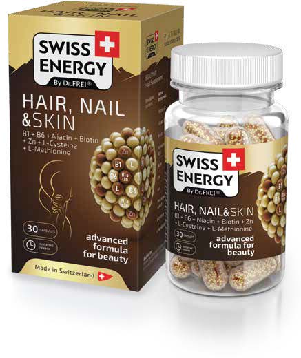 Βιταμίνη Hair, Nail and Skin (30 κάψουλες) Swiss Energy HAIR, NAIL & SKIN B1, B5, B6, PP, H + Zn+ Fe+ L-Κυστεΐνη + L-Μεθειονίνη + Ιατρικό εκχύλισμα μαγιάς Περιέχει έναν επιλεγμένο συνδυασμό βιταμινών, μετάλλων, αμινοξέων και ιατρική μαγιά για την τόνωση της ανάπτυξης των μαλλιών, την αποκατάσταση της δομής τους, ενισχύει τα νύχια και διατηρεί το δέρμα υγειές. Τα αμινοξέα (κυστεΐνη, μεθειονίνη) βοηθούν στην παραγωγή της κερατίνης των μαλλιών και των νυχιών. Τα μέταλλα (ψευδάργυρος, σίδηρος) βοηθούν την αναγέννηση των κυττάρων. Παντοθενικό οξύ - για ισχυρή δομή μαλλιών. Σύμπλεγμα βιταμίνης Β - για υγιές δέρμα, μαλλιά και νύχια. Μία κάψουλα περιέχει Vitamin B1, Vitamin B6, Niacin, Biotin, Pantothenic Acid, Iron, Zinc, Medical yeast extract, L-Cysteine, L-Methionine ''Το προϊόν είναι γνωστοποιημένο στον Εθνικό Οργανισμό Φαρμάκων'' .